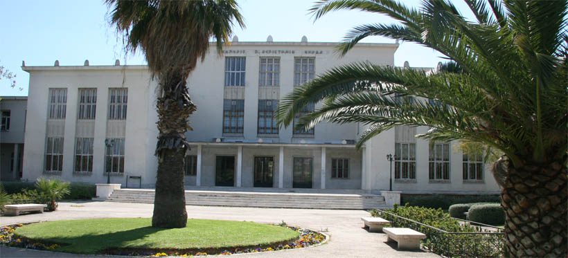 The white neoclassical central building of the Agricultural University of Athens, seen across a lawn with palm trees and flower beds in the foreground.